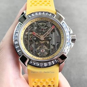 NUOVI orologi da uomo Lunetta con diamanti Movimento automatico Riserva di carica Tourbillon Cinturino in caucciù giallo Quadrante scheletrato Orologio da polso Luxusuhr Reloj De Lujo