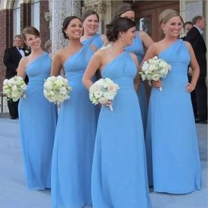 Mavi nedime elbiseler artı boyutu şifon zemin uzunluğu bir omuz kolsuz özel yapım hizmetçisi onur elbisesi plaj düğün partisi vestidos 401
