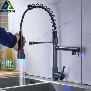 LED Light Black Bronze Dual Spout Kitchen Faucet Single Handle Spring Pull Down Water Taps for Kitchen Handheld Kitchen Sprayer 210724