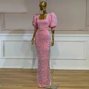 Glitter Pembe Payetli Kılıf Abiye Kat Uzunluk Kare Boyun Kısa Kollu Bling Gelinlik Modelleri Uzun Zarif Ünlü Parti Abiye Kadınlar Kız 2022