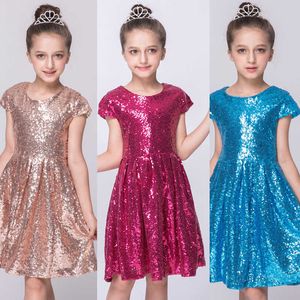 2020 INS Fashion Girls Dress Paillettes Abito a maniche corte Abito da festa Shiny Princess Boutique Abbigliamento Golden Rose Red Q0716