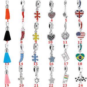 Echtes 925er-Sterlingsilber, passend für Pandora-Armbänder, Fransen, Kreuz, Flagge, Pentagramm-Anhänger, Perlen, Liebesherz, blauer Crysta-Charm für DIY-Perlen-Charms