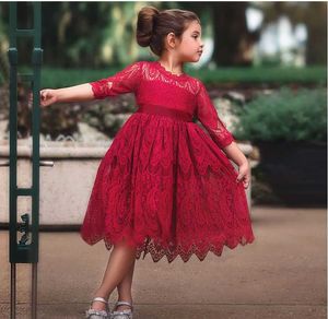 Gelenler Çocuk Kız Elbise İlkbahar Yaz Yarım Kollu Pamuk Dantel Kırmızı Elbise Kız Sashes Yay Prenses Balo Elbise Elbise 210713