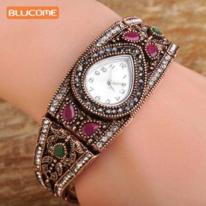 Blucime Bilezik İzle Vintage Türk El Takı Kadınlar Reloj Antik Altın Renk Kristal Saat Bilezik Pulseras Mujer Bijoux Q0720