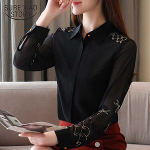 Moda Bahar Uzun Kollu Siyah Ipek Şifon Gömlek kadın İşlemeli Katı Hırka Bluz Kadınlar Bayanlar Tops 8524 50 210527