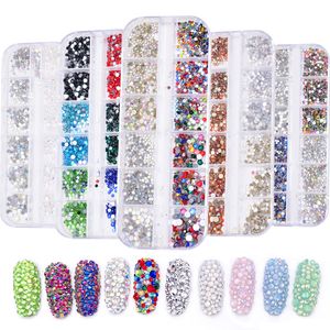 12 Izgaralar / Kutu Nail Art Rhinestone Karışık Kristal Rhinestone Elmas Gem Akrilik Tırnak Elmas Düz Geri Parlak 3D Çivi Aksesuarları