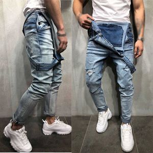 Moda Masculina Jeans Rasgado Jumpsuits Hi Street Aflige Denim Bib Macacões para Homem Suspender Calças Tamanho S-XXL X0621