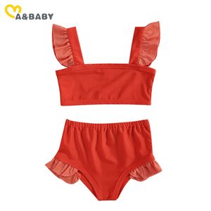 1-5Y Vintage Toddler Çocuk Çocuk Kız Kırmızı Mayo Ruffles Mayo Bikini Set Yaz Beachwear Mayo 210515