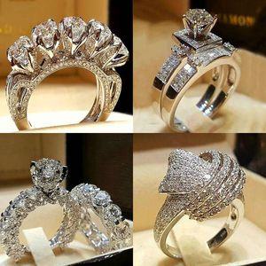 Anéis de casamento de luxo masculino feminino cristal zircão anel de pedra vintage 925 conjunto de prata promessa de noivado para homens e mulheres