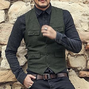 Erkek Yelek Takım Elbise Yelek Ordu Yeşil Siyah Yün Tüvit Çok Cepler Slim Fit Rahat Resmi Groomman Giyim Düğün Adam Için