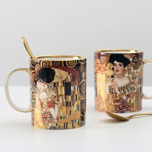 Klimt Öpücük Porcelian Kupalar Kahve Bardakları Kaşıkla Gustav Klimt Kemik Çini Düğün Doğum Günü Mevcut Ofis Drinkware 220224