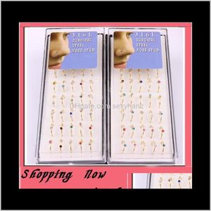 Studs Hoop Ring 40Pcs/Lot Mix 6 Color Cz Gem Body Jewelry Piercing Stud Gold Nose Rings 2Uonp