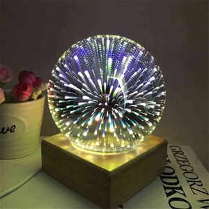 Лампа-проектор Galaxy 3D прозрачный стеклянный шар ночник волшебный красочный фейерверк основа из цельного дерева атмосфера праздника подарок 5V W220222
