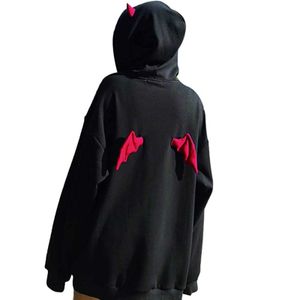 Harajuku Hoodies Kız Küçük Şeytan Boynuzları Gotik Kapüşonlu Tişörtü Kadınlar Demon Fly Wings Gevşek Kazaklar Cep Tops Streetwear Y0820