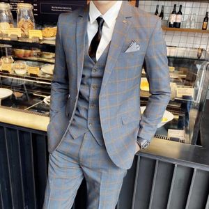 Men's 3-Piece Spring Suit Set - Slim Fit Gray Plaid Formal Wedding Attire, Classic Dress Suit X0909