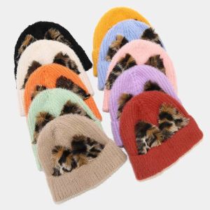 2021 мода леопардовый принт кошка уха черенок шапочки зимняя теплая вязаная шапка из искусственного меха Боннец для женщин