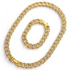 Küpe Kolye Hip Hop Erkekler Altın Renk Kolyeler Braclete Combo Küba Jewerly Crystal Miami Zinciri Set