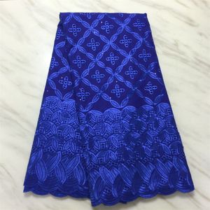 5yards / lote Elegante Royal Azul Africano Tecido de Algodão Poliéster Bordado Swiss Voile Lace Match strass para molho PL15491