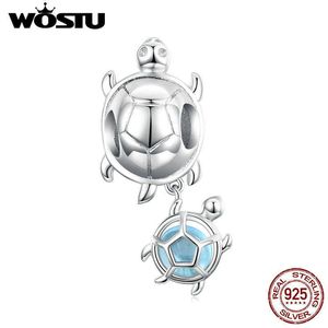 WOSTU Sea Turtles Charm 925 Sterling Silver Blue Bead Glass Pendant Fit Original Bracciale Collana Gioielli CTC332