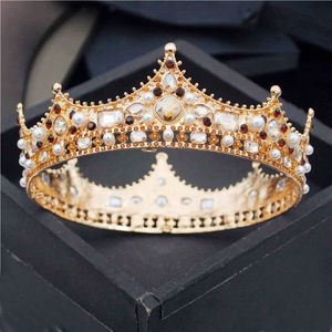 Barok Kraliyet Kral Diadem Erkekler Kristal Inciler Metal Tiaras Düğün Taç Saç Takı Büyük Kafa Süsler Balo Parti Aksesuarları 211006