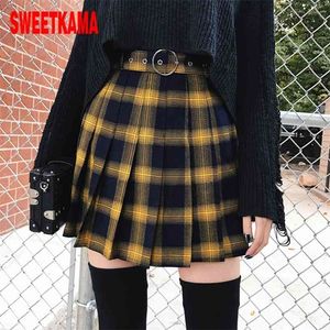 Paris menina primavera verão harajuku mulheres saias de moda bonito amarelo preto preto lattice plissado saia punk estilo cintura alta fêmea 210621
