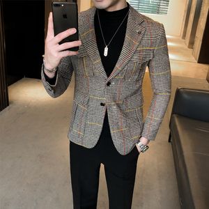 Vintage ekose blazers İngiliz şık erkek takım elbise iş rahat ceket terno maskulino erkekler blazer desen