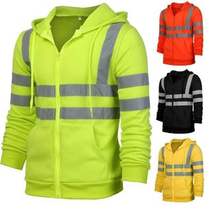 Erkek Hi Vis Viz Vizibily Hooded Sweatshirt Güvenlik İş Ceket Ceket Zip Out Giyim Yaz Topları 210827