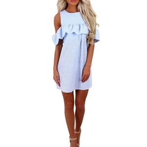 Fırfır Kadınlar Elbiseler Seksi Kapalı Omuz Fermuar Geri Mavi Ve Beyaz Çizgili Sevimli Elbise Rahat Yaz Elbise 210518