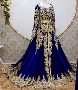 Kraliyet Blue Caftan Marocain de Soire Akşam Elbise Uzun Kollu Aplike Bir Çizgi Artı Boyut Balo Elbisesi Cape Vestidos Formale