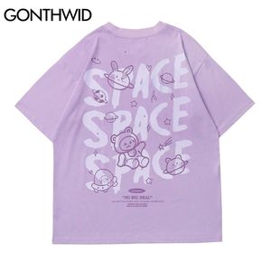 Gonthwid Harajuku Tişörtleri Karikatür Ayı Tavşan Uzay Kısa Kollu Tees Gömlek Streetwear Hip Hop Moda Rahat Pamuk Gevşek 210716 Tops