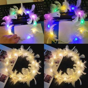 Luminoso LED Coroa de Penas Anjo Fada Tiara com Flash Luzes Coloridas Faixa de Cabelo Casamento Festa de Aniversário Clube Touca Luz Noturna Princesa Coroa G61BORH