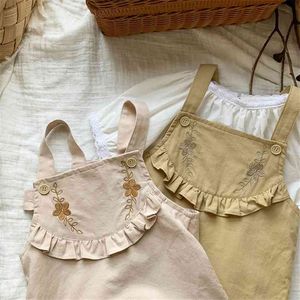 İlkbahar Yaz Kız 'Sling Elbise Bebek Katlanmış Mantar Kenar Çiçekler Işlemeli çocuk Ruffled Sevimli Giyim 210625