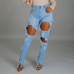 Artı Boyutu Kadın Yıkanmış Yırtık Kot Moda Seksi Yüksek Bel Skinny Denim Pantolon Mavi Ağartılmış Kalem Pantolon Oymak 210517