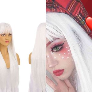 Saç Sentetik Peruk Cosplay Fighs 26 Inç Uzun Düz Bangs Beyaz Peruk Cosplay Kırmızı Yeşil Lolita Bayanlar Anime Yüksek Sıcaklık Fiber Sentetik 220225