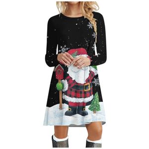 Повседневные платья Рождественское платье Женщины 2021 Мода оленей Санта Печать зима с длинным рукавом O-шеи футболка
