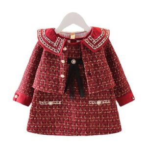 Милая модная детская одежда для девочек, весенне-осенний детский клетчатый пальто принцессы с длинными рукавами, верхняя одежда + платье-майка, костюм из 2 предметов
