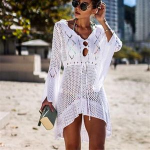 Roupa de banho feminina biquíni branco de crochê cobertura oca decote em v manga longa flare túnica vestido de praia sexy malha coberturas