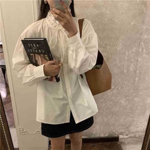 Продажа Винтаж женский корейский белый плиссированный шик стильные тонкие рубашки сладкие моды женщины все спички блузки 210525