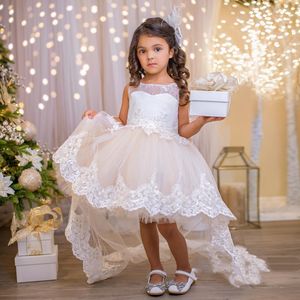 HI-LO Çiçek Kız Elbise 2022 Büyük Yay Ile Yüksek Düşük Prenses Küçük Bebek Kız Pageant Törenlerinde Kabarık Bebek İlk Communion Doğum Günü Örgün Parti Giymek Dantel Tren