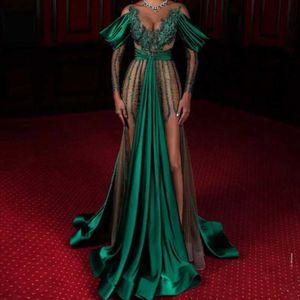 Sexy High Slit Mermaid Prom Party Kleider Illusion Lange Ärmel Perlen Pageant Abendkleid Für Frauen Schulterfrei Formal Casual