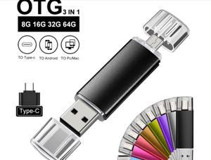 Metal 3 em 1 OTG Pen Drive 64GB CLE USB Flash Drives 32GB Mini 16GB 8GB Pendrive 4GB Memoria Stick Custom Logo Presente