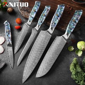 Damascus Steel knife Set Kitchen Chef Knife Japanese Steel VG10 Super sharp Santoku Knives Boning knife Exquisite Shell Handle New