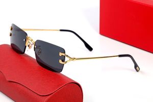 Orijinal kutusu ile gri kırmızı moda güneş gözlüğü unisex metal çerçeve çerçevesiz gümüş altın