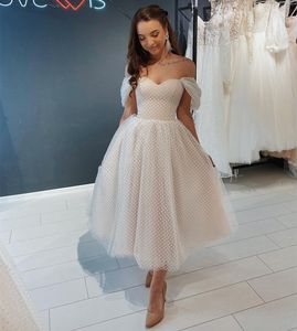 Abito da sposa corto con spalle scoperte e lunghezza alla caviglia, abito da sposa a rete, splendido per le donne spose, abito da sposa in tulle, grazioso