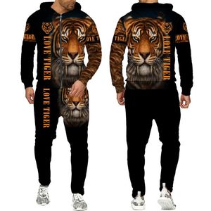 Jogging Giyim Erkekler Fermuar Trailsuit Cool 3D Tiger Baskılı Hoodies Pantolon Takım Moda Erkekler Günlük Pullover Sweatshirt Street Giyim Seti