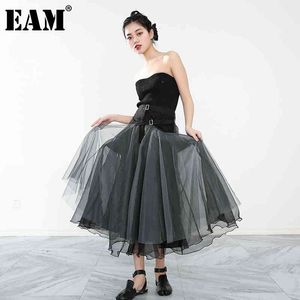 [EAM] Vintage Zarif Denim Eklenmiş Örgü Koyu Gri Yüksek Bel Yarım Vücut Etek Kadın Moda Bahar Sonbahar 1dD4449 210512
