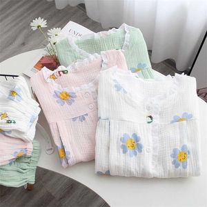 Algodão Maternidade Primavera e Verão Mulheres Casa Serviço Mulheres Grávidas Grande Amamentação Bonito Flor Sleepwear Set 211215