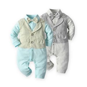 Bebek Erkek Düğün Giysileri Çocuk Resmi Takım Elbise Uzun Kollu Tulum + Yelek Bebek Giyim Seti Toddler Butik Kıyafet 210615