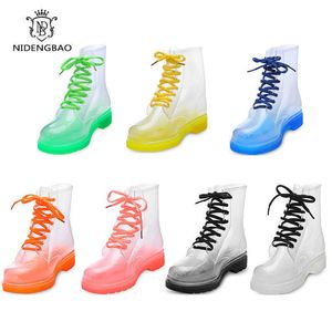 Летние женские резиновые сапоги, модная непромокаемая обувь, женские нескользящие прозрачные сапоги, женская обувь ярких цветов, уличная обувь для девочек 211015