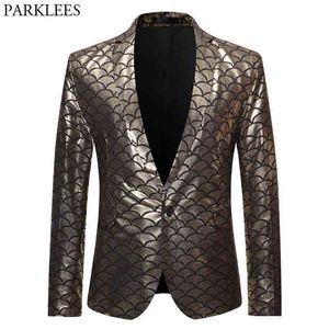 Altın Balık Ölçeği Parlak Glitter Elbise Blazer Erkekler Bir Düğme Slim Fit Smokin Takım Elbise Ceket Erkek Yemeği Parti Sahne Balo Kostüm Homme 210522